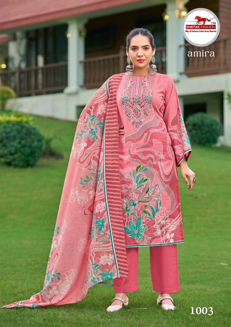 Coral Pink Floral Printed Cotton Kurti Set with Embroidered Neckline