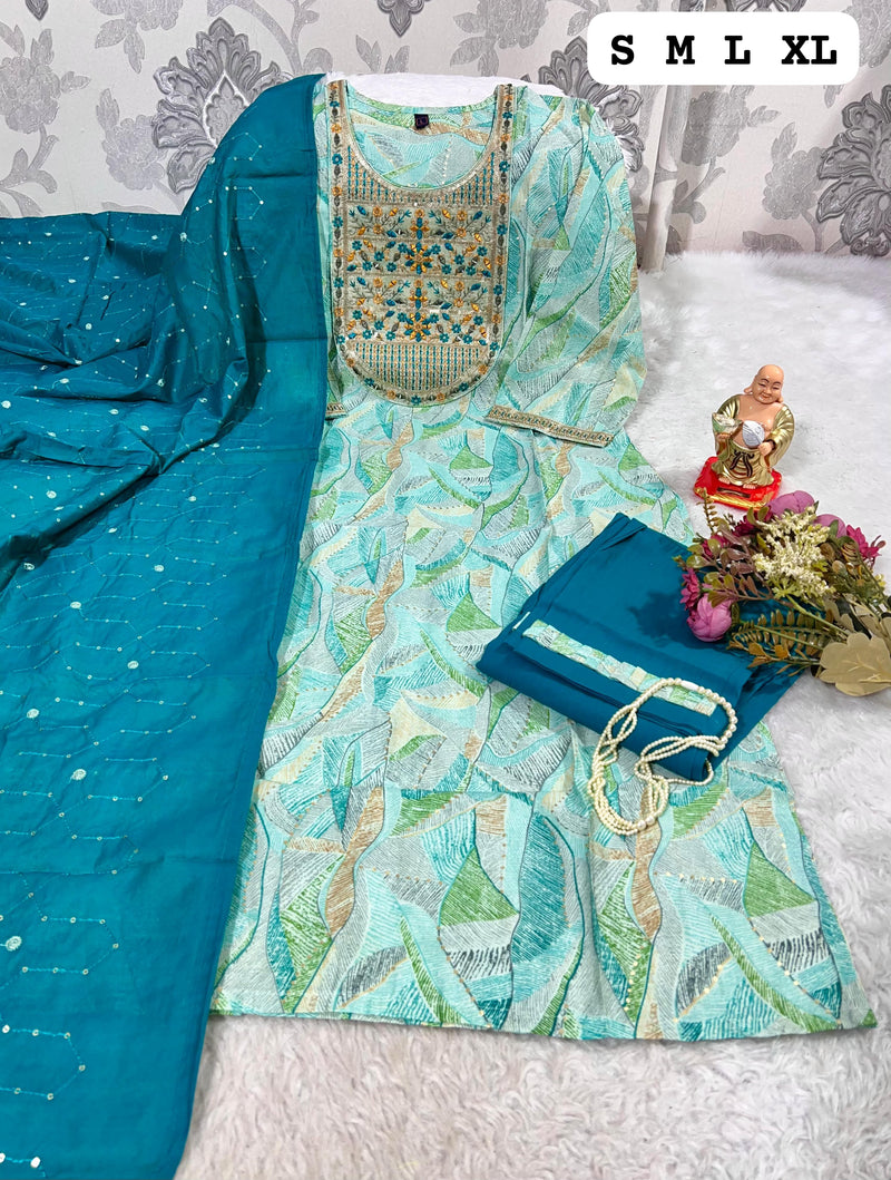 Elegant Aqua Blue Printed Kurti Set with Embroidered Neckline & Dupatta