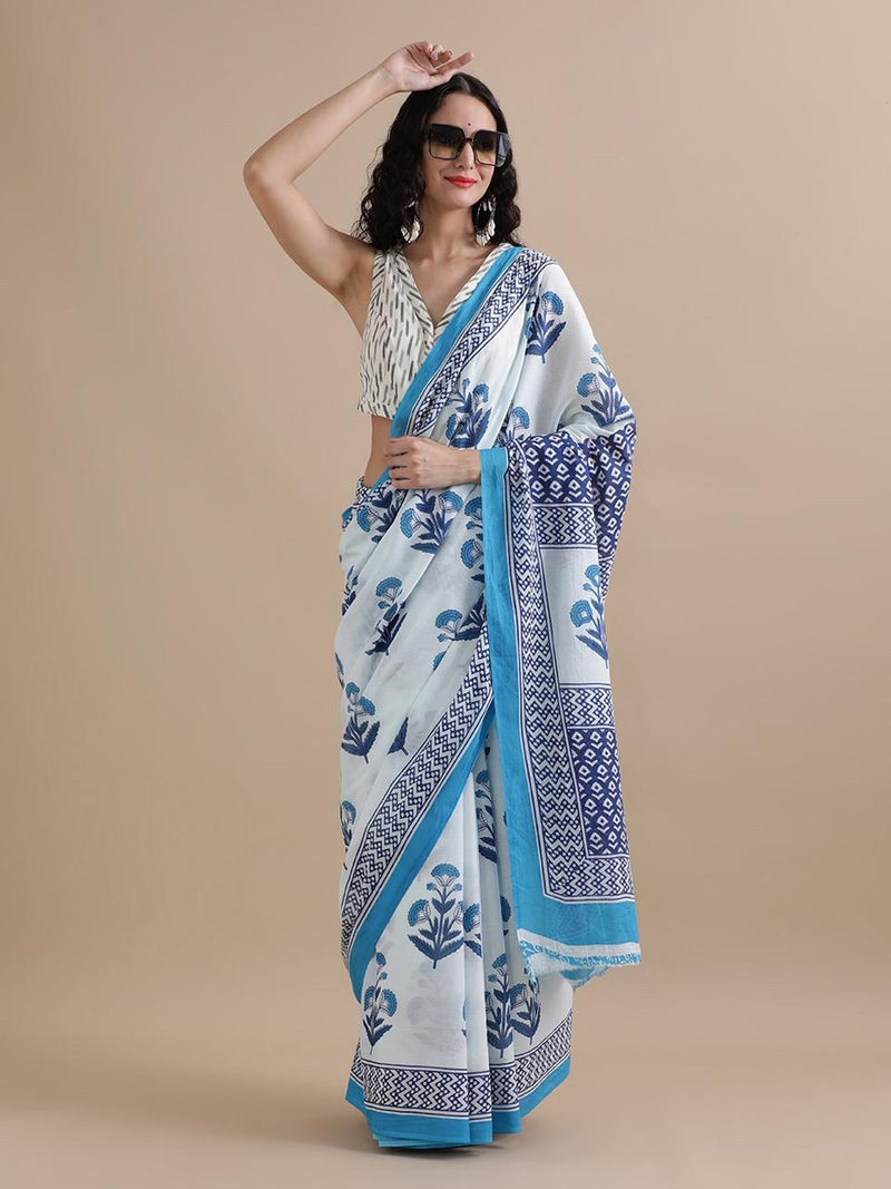 White & Sky Blue Cotton Saree with Handblock Floral Prints