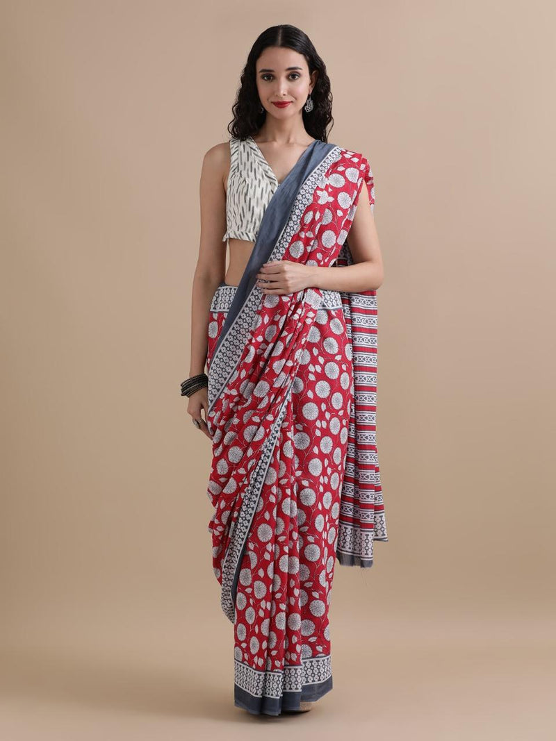 Red and Grey Printed Cotton Saree with Geometric & Floral Patterns