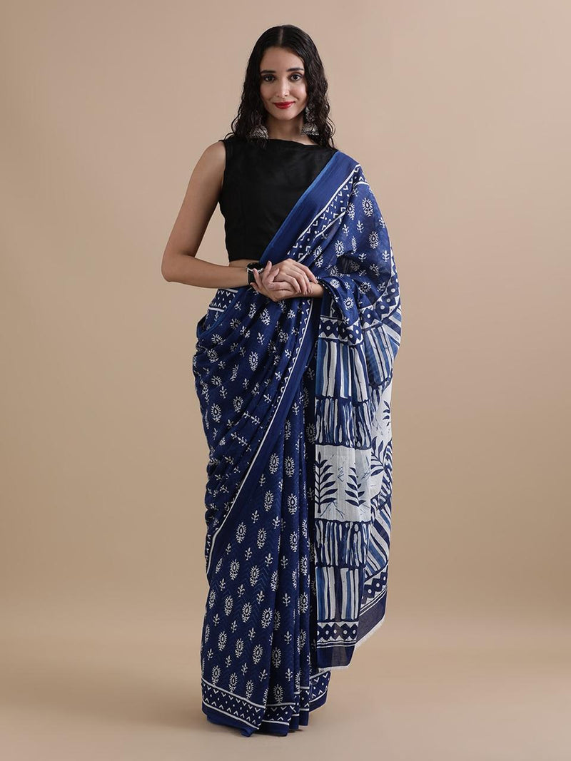 Indigo Blue Dabu Print Cotton Saree with White Motifs