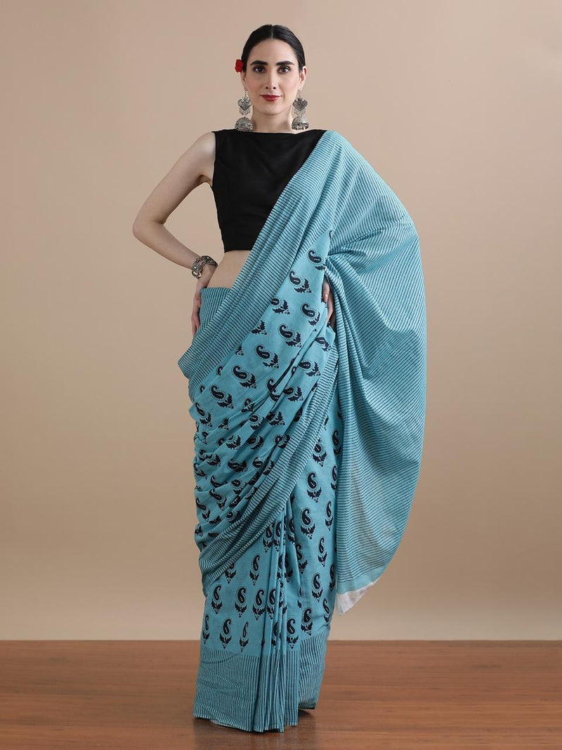 Teal Blue Cotton Saree with Black Paisley Prints