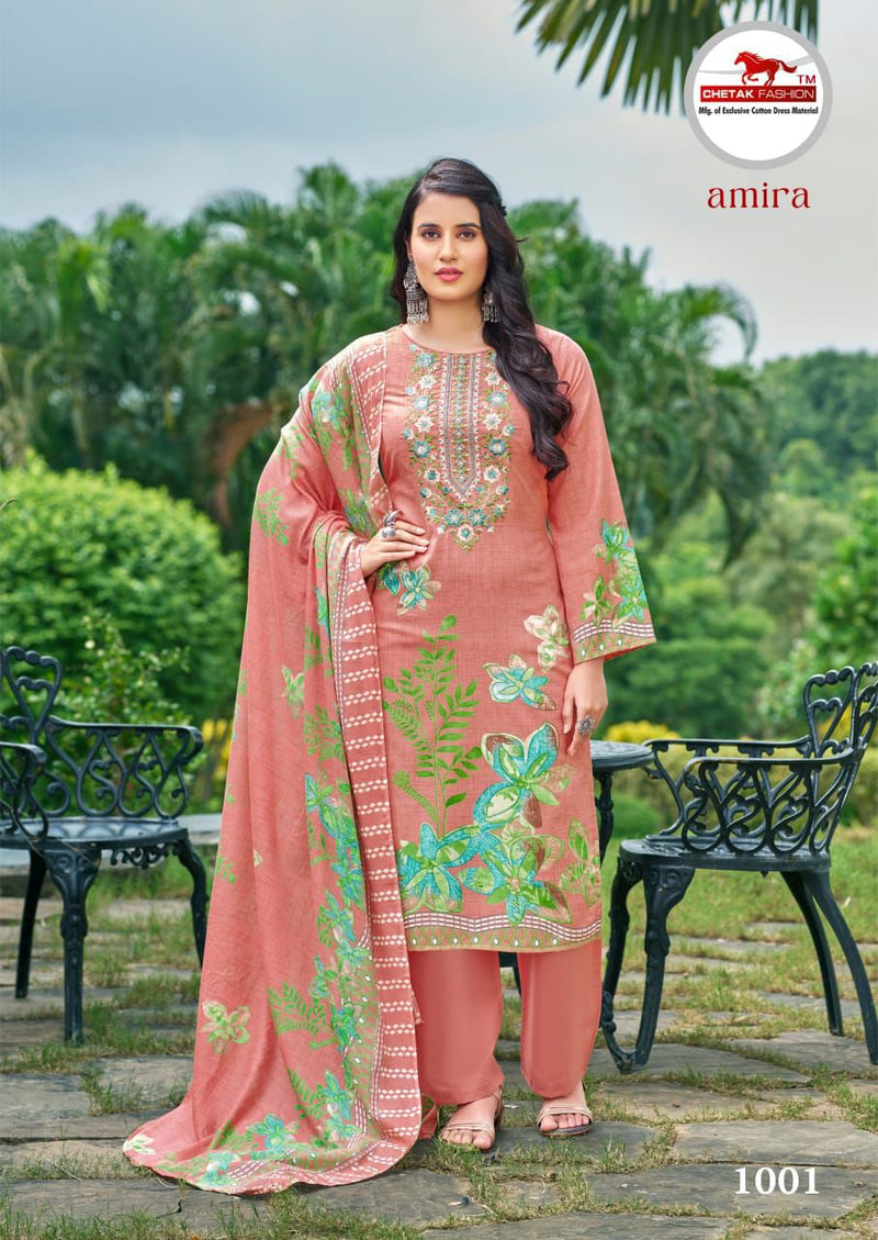 Peach Floral Printed Cotton Kurti Set with Embroidered Neckline