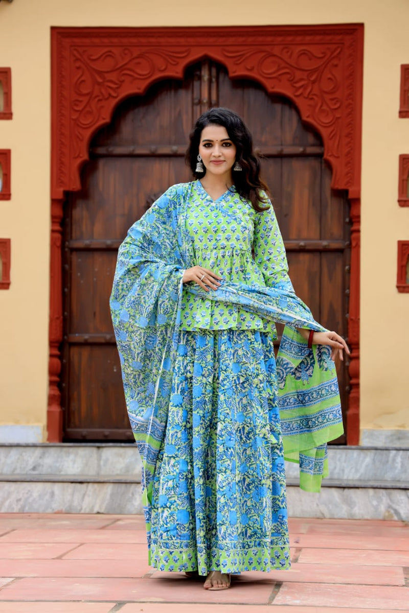 Blue & Green Hand Block Printed Kurti Skirt Dupatta