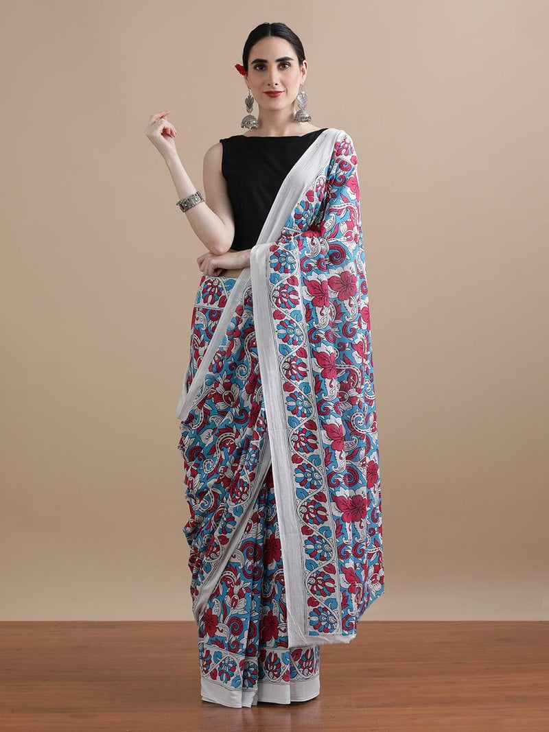 White Kalamkari Print Cotton Saree โ Artistic Floral Charm