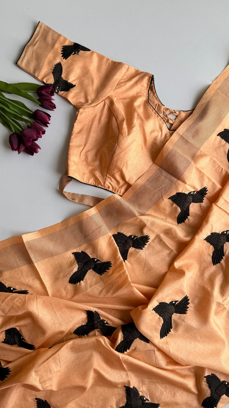 Peach Silk Blend Saree with Black Bird Embroidery & Contrast Blouse