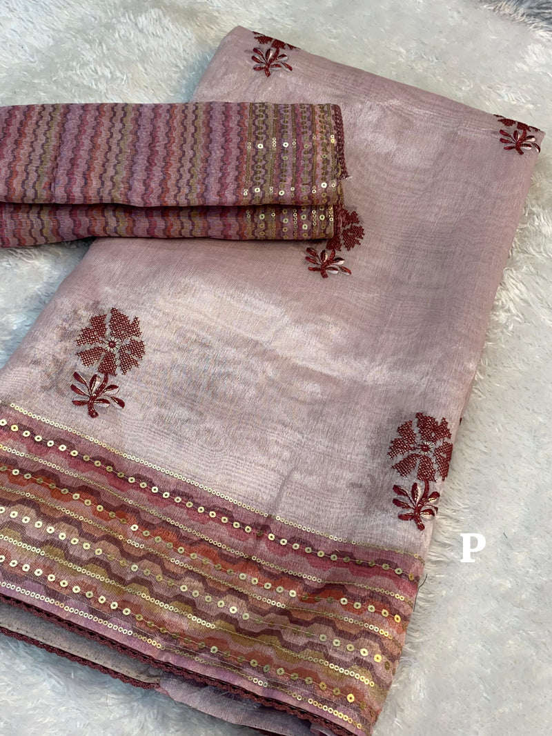 Blush Pink Organza Saree with Sequin Border and Maroon Zari Embroidery