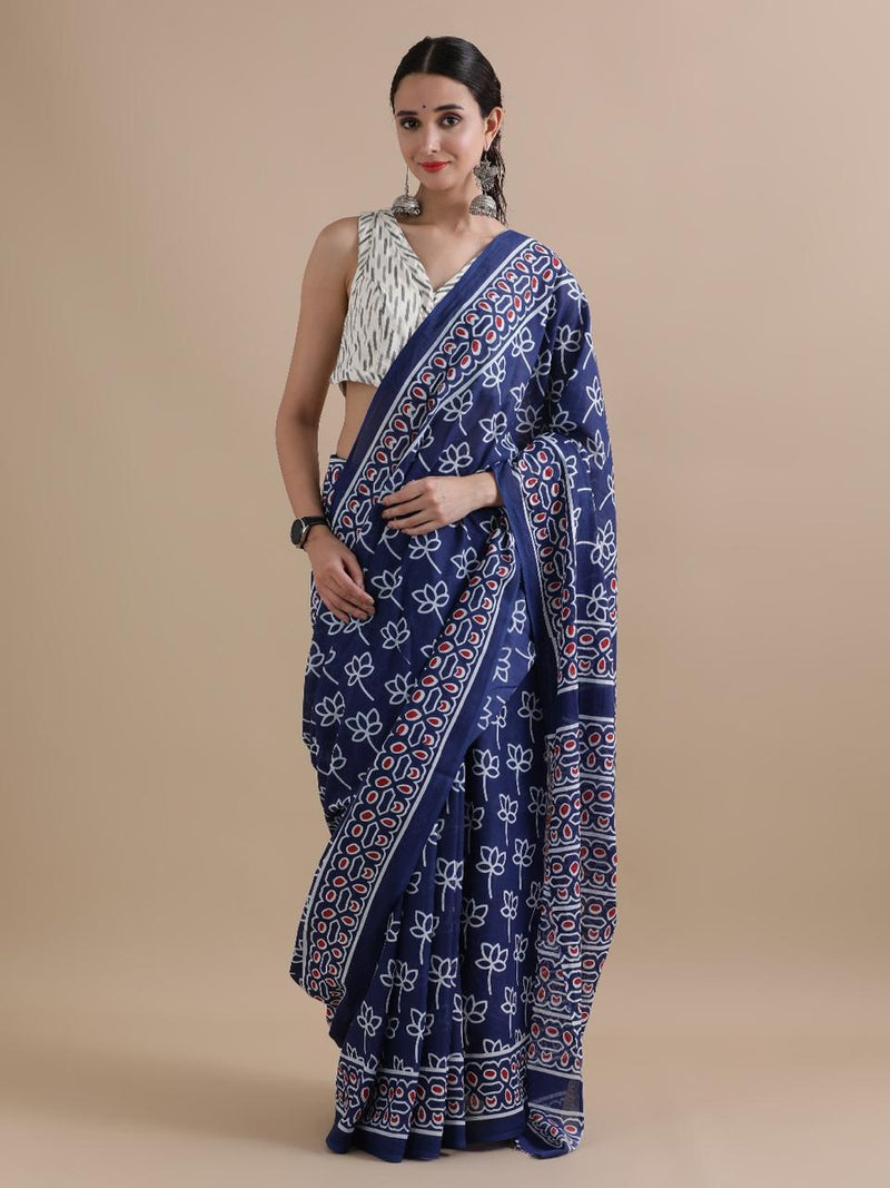 Indigo Blue Handblock Print Cotton Saree with White Floral Motifs