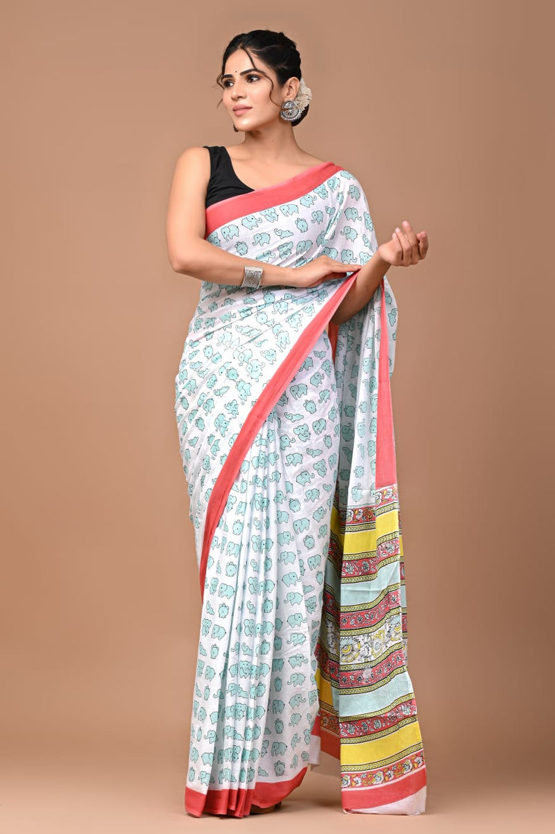 White Cotton Saree with Teal Elephant Print & Multicolor Border