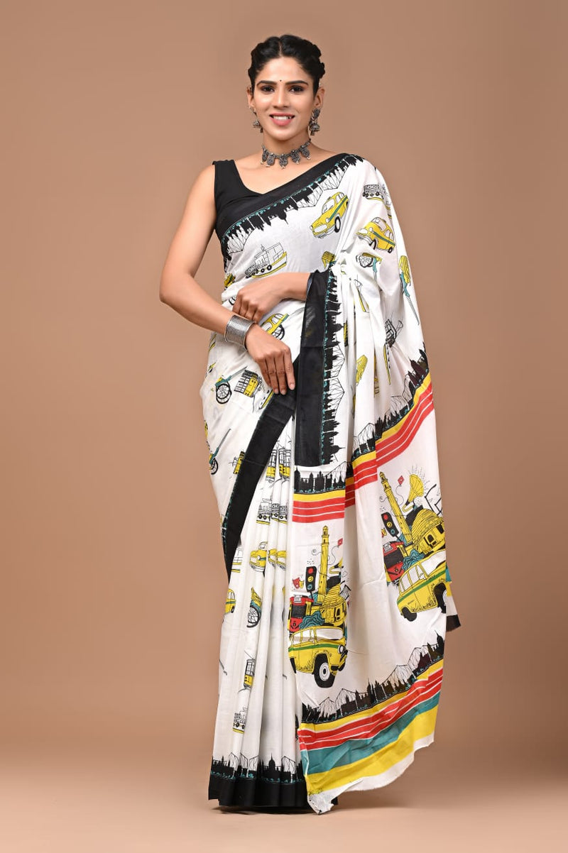 White Kolkata Print Cotton Saree with Black Border