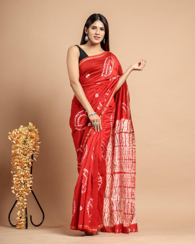 Red Tie-Dye Silk Saree with Classic Patterns