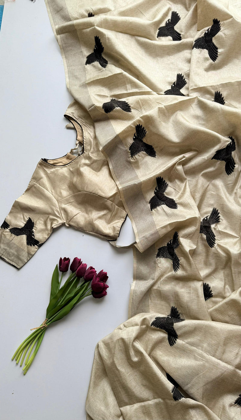 Beige Golden Silk Blend Saree with Black Bird Embroidery & Matching Blouse