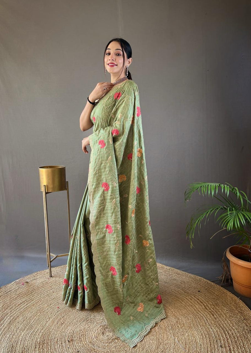 Floral Embroidered Linen Saree Collection