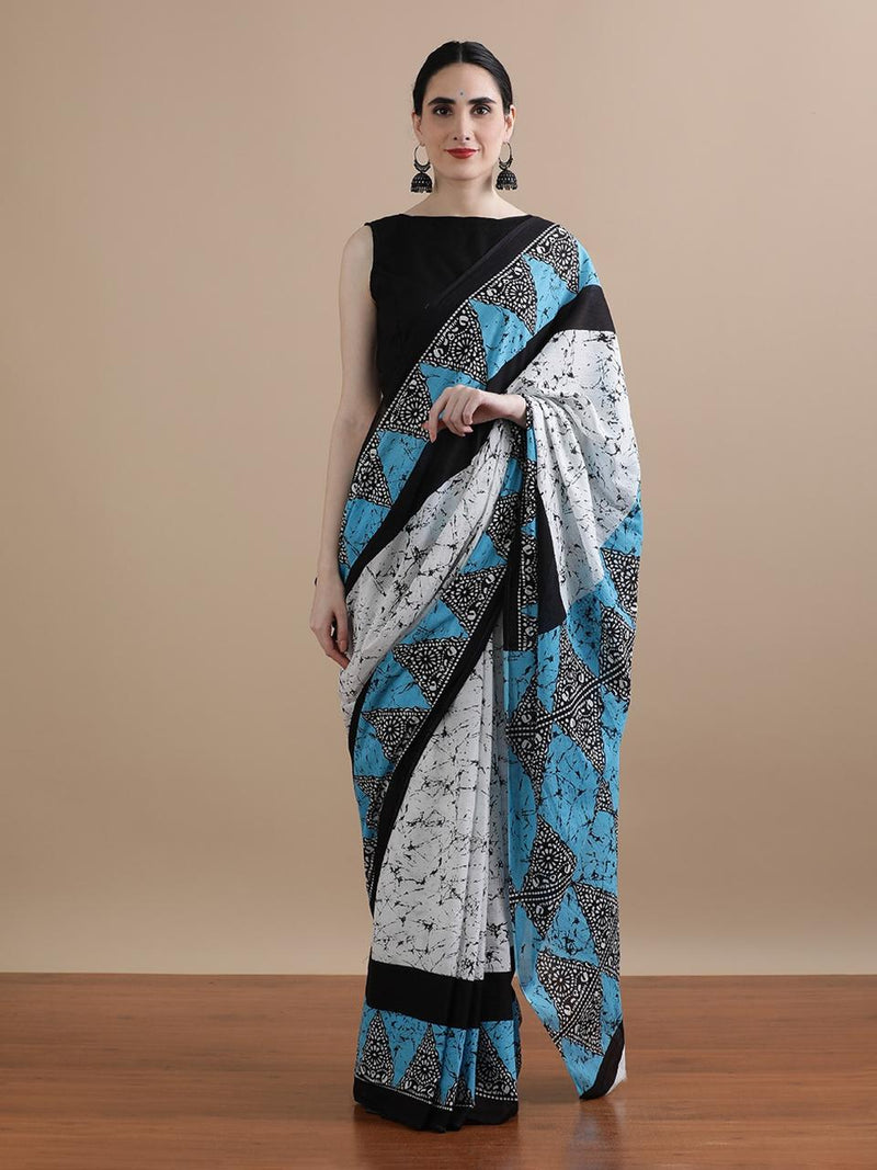 White & Blue Geometric Print Cotton Saree