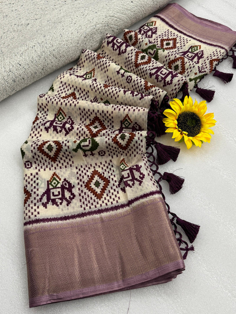 Ivory Ikat Silk Saree with Wine Border & Elephant Motifs