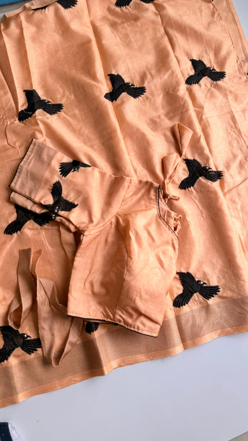 Peach Silk Blend Saree with Black Bird Embroidery & Designer Blouse