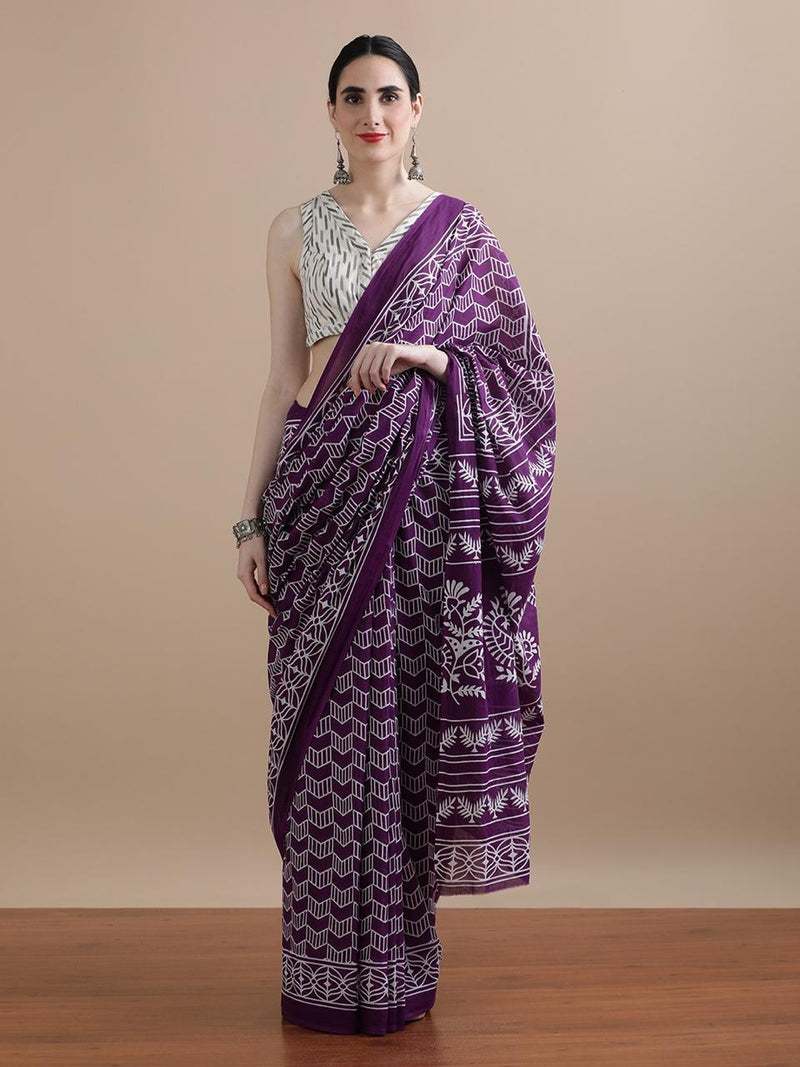 Purple & White Handblock Cotton Saree – Grace in Geometry