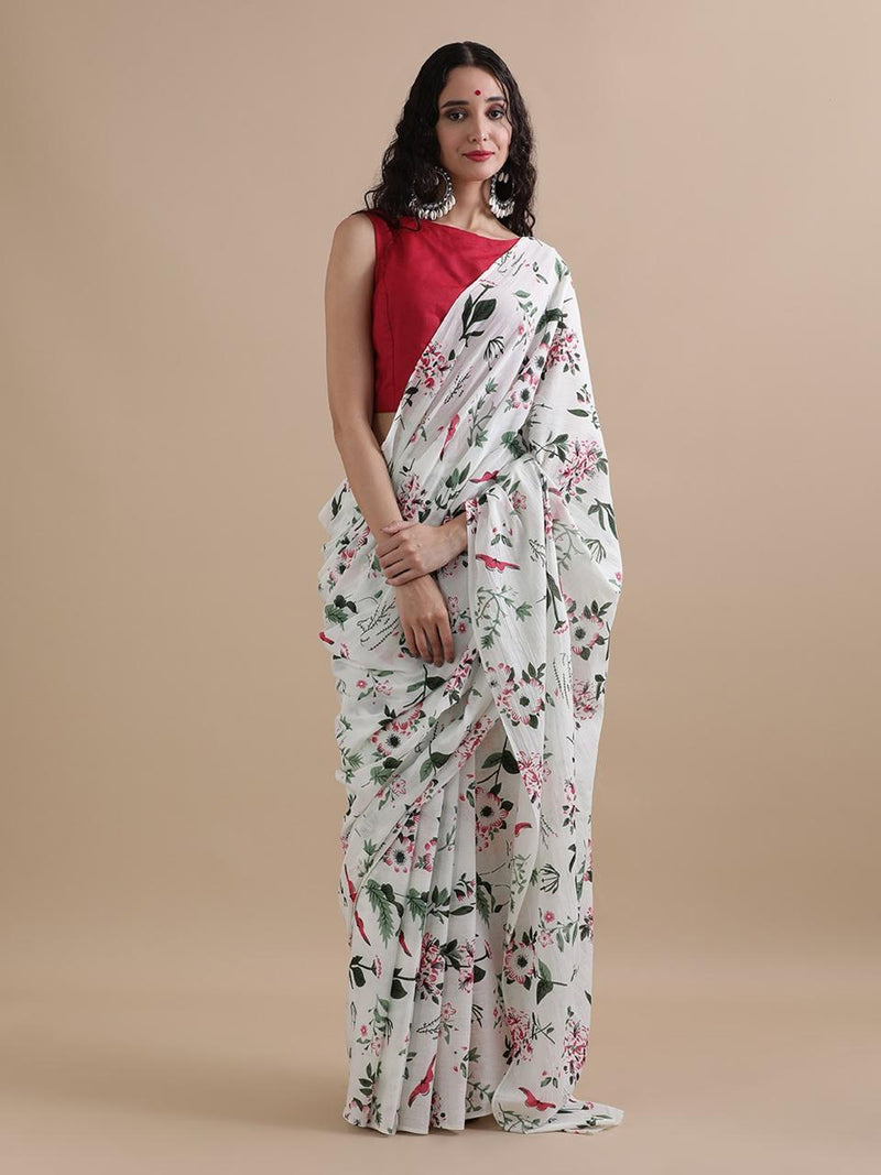 White Floral Cotton Saree with Red & Green Prints