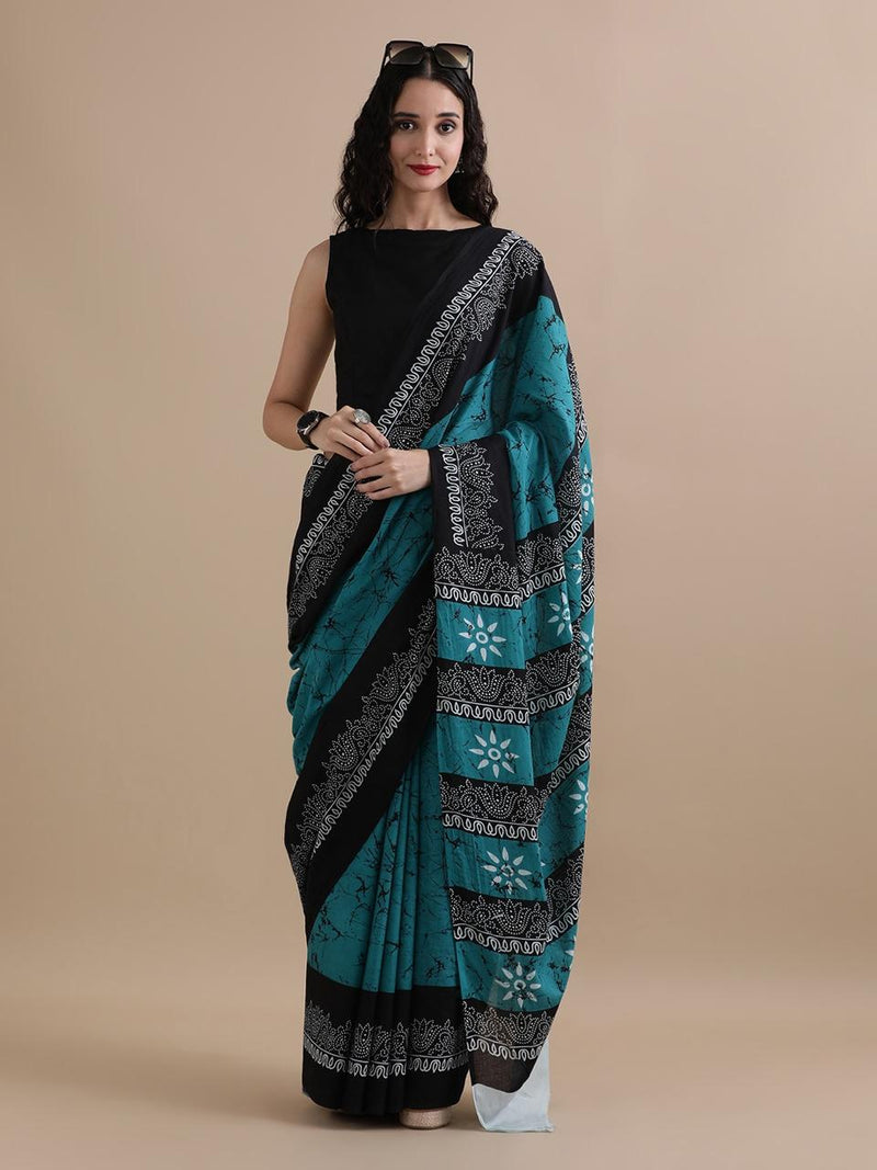 Teal & Black Handblock Cotton Saree with Floral Borders