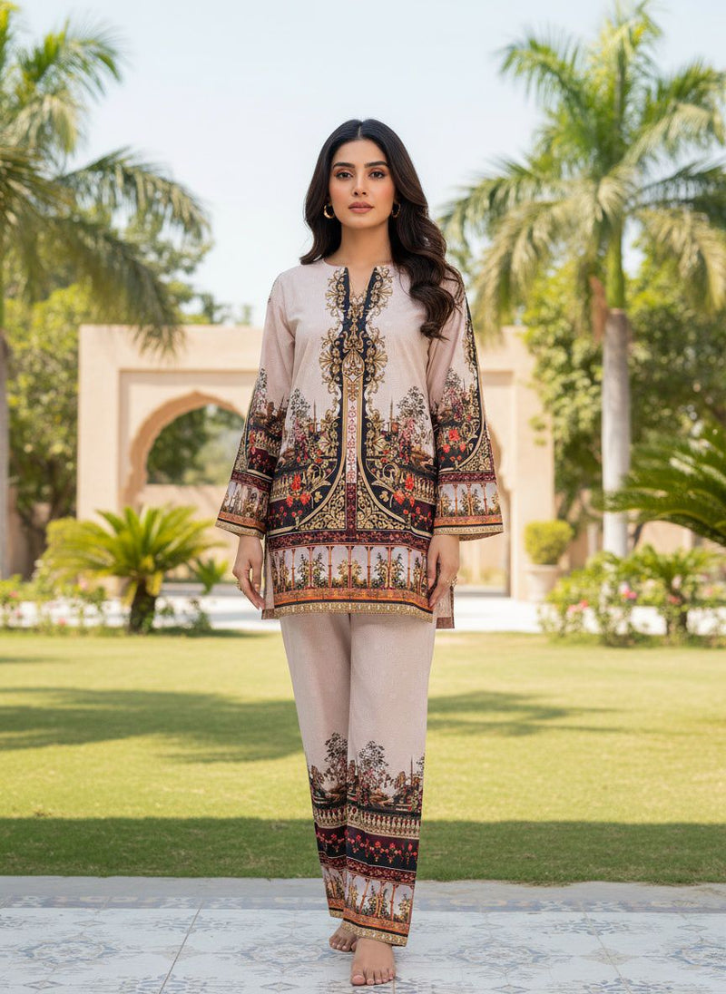 Beige & Black Baroque Printed Cotton Suit Set