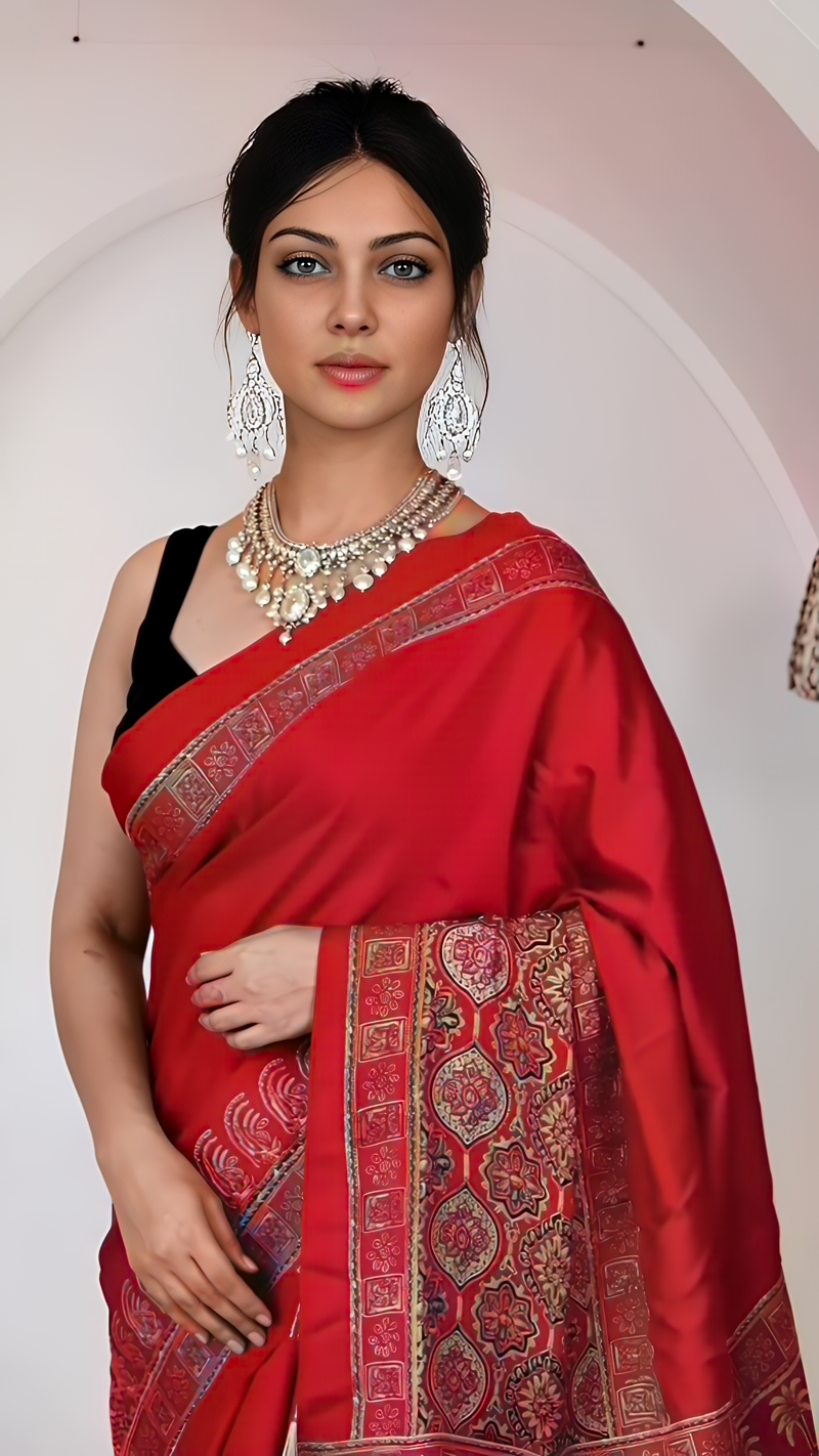 Pure Modal Silk Ajrakh Hand Block Printed Saree with Tassels – Red