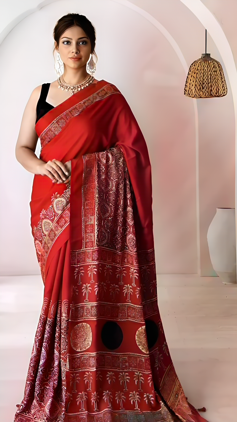 Pure Modal Silk Ajrakh Hand Block Printed Saree with Tassels – Red