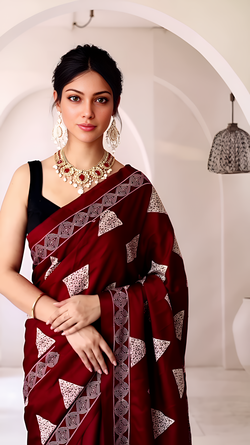 Pure Modal Silk Ajrakh Hand Block Printed Saree with Tassels – Maroon