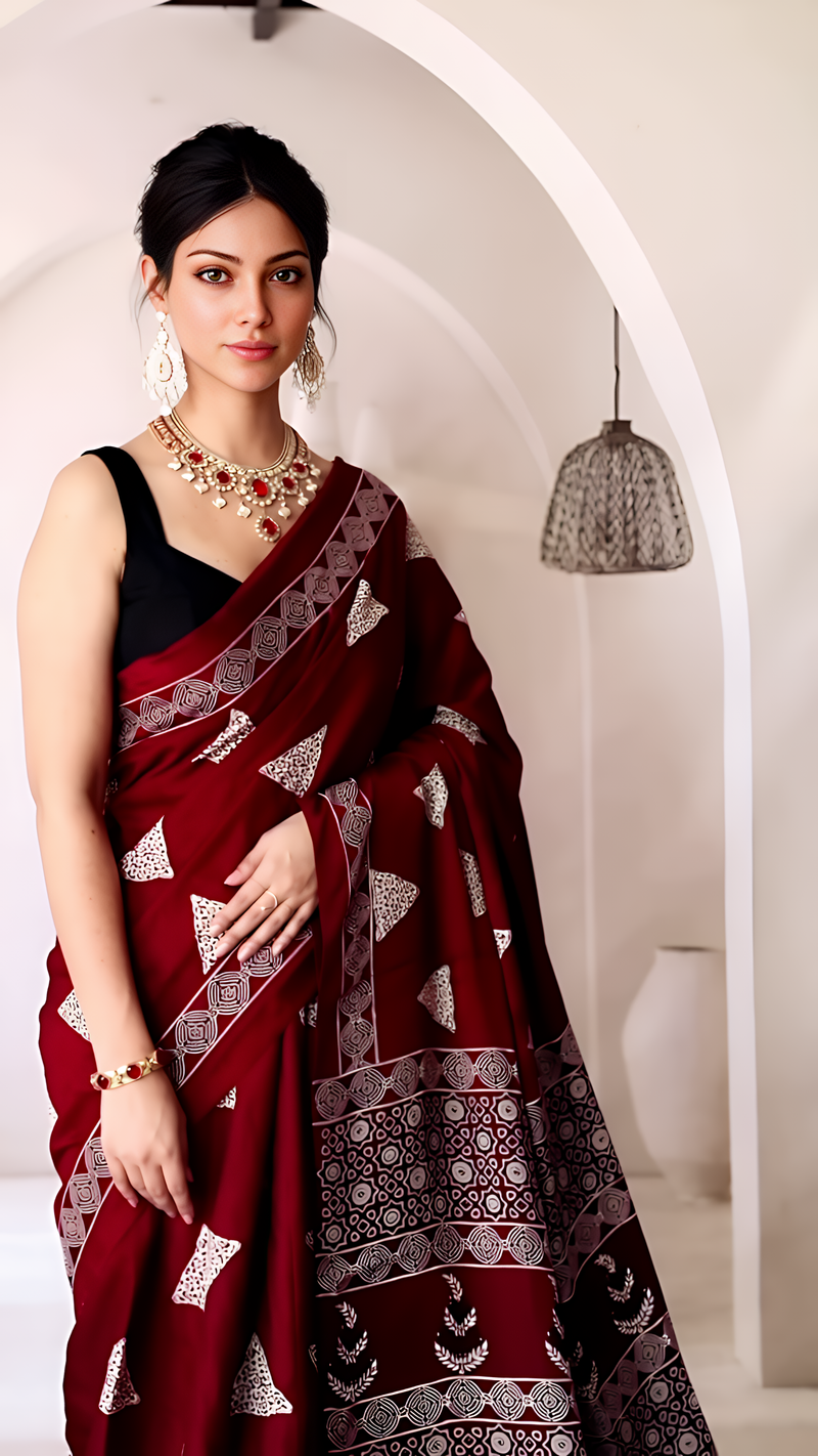 Pure Modal Silk Ajrakh Hand Block Printed Saree with Tassels – Maroon