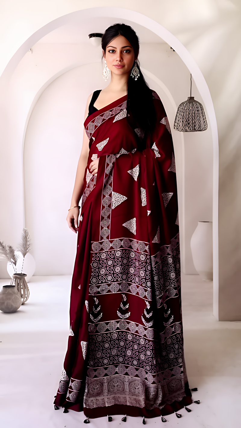 Pure Modal Silk Ajrakh Hand Block Printed Saree with Tassels – Maroon
