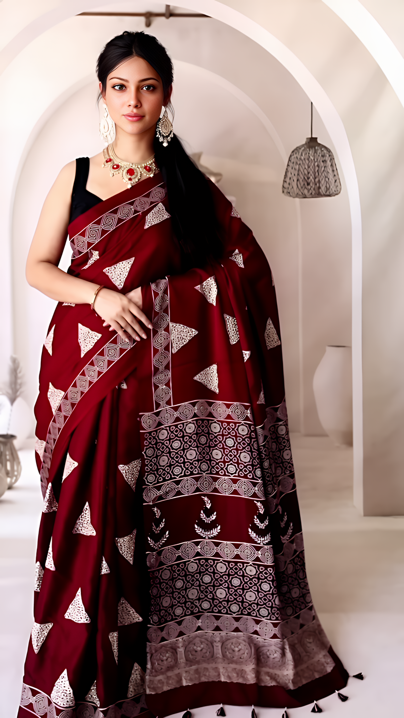 Pure Modal Silk Ajrakh Hand Block Printed Saree with Tassels – Maroon