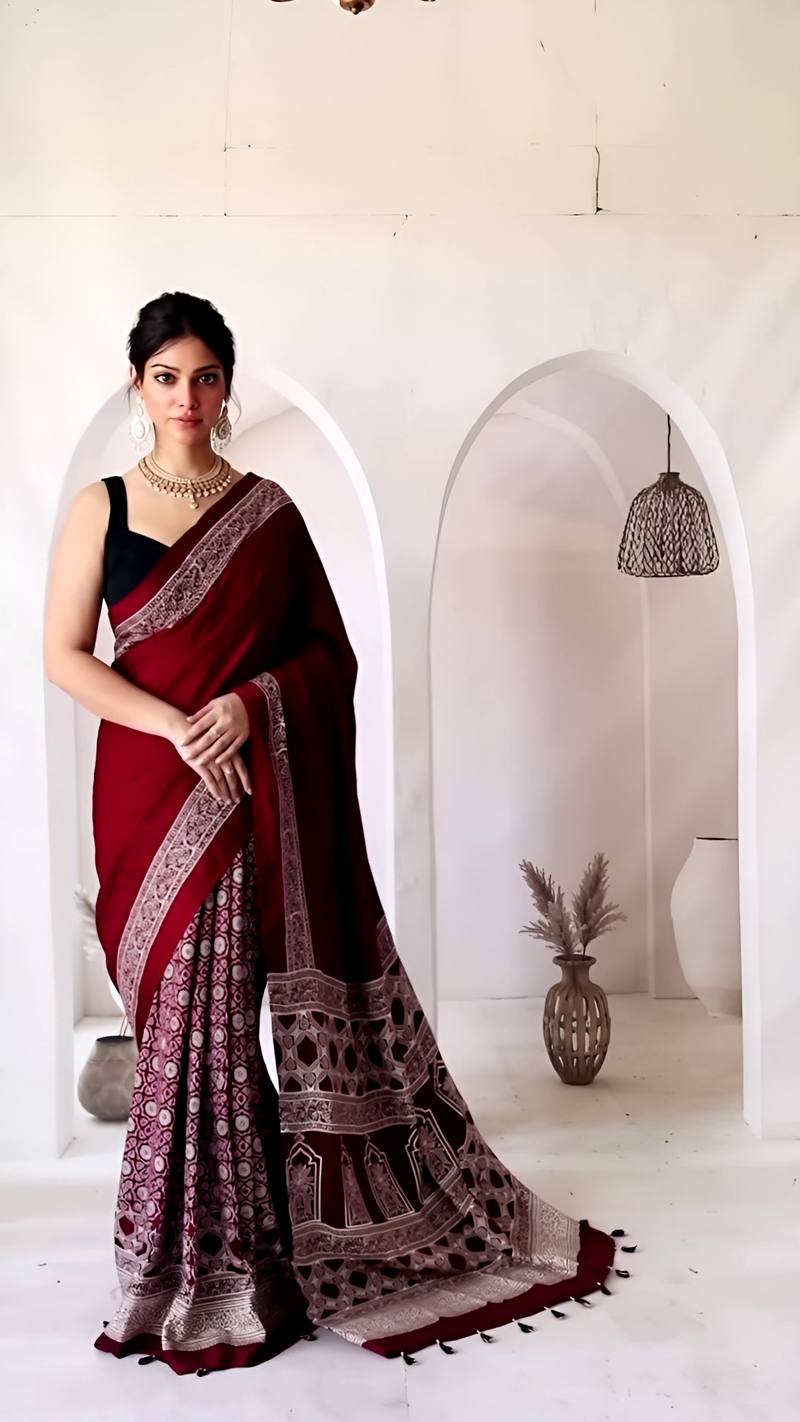 Pure Modal Silk Ajrakh Hand Block Printed Saree with Tassels โ Crimson Maroon