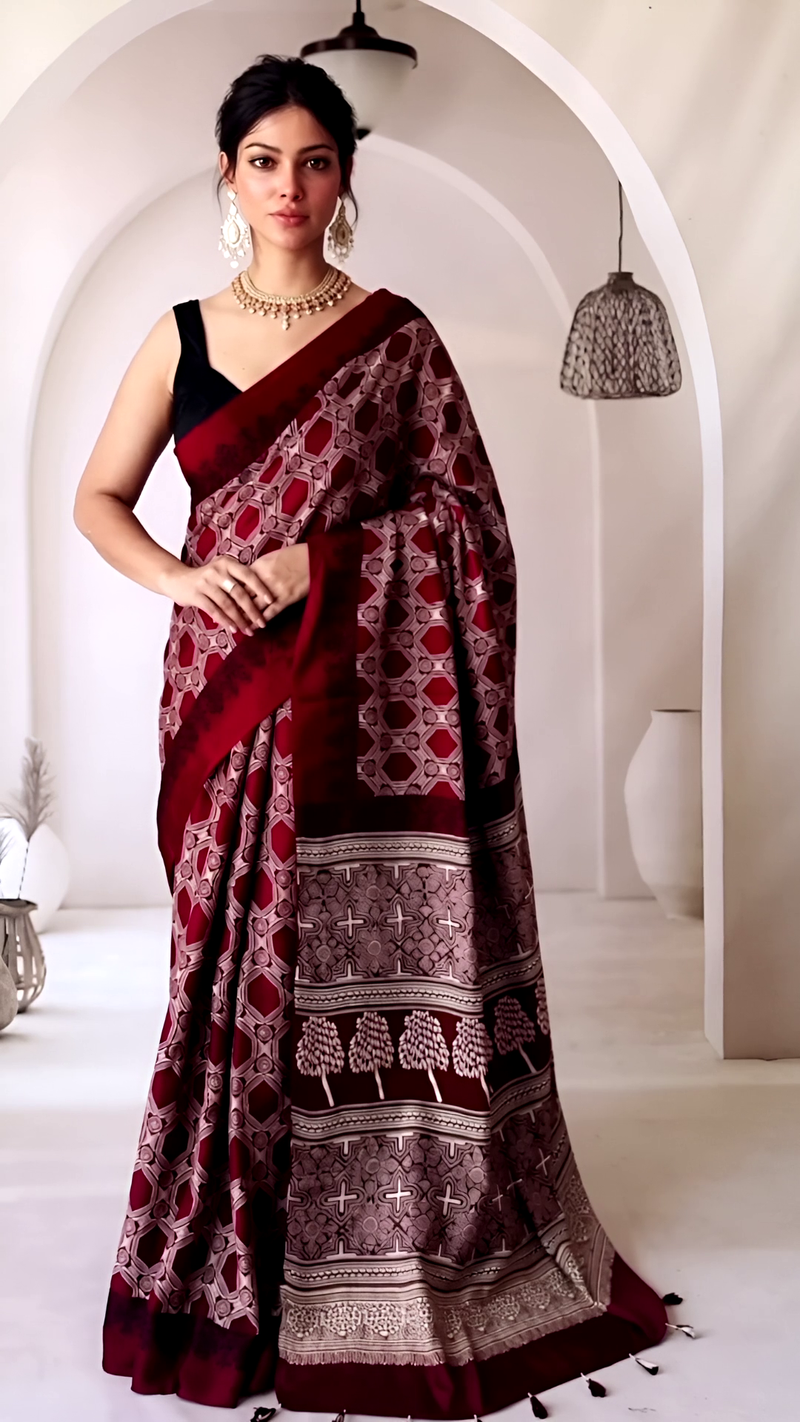 Pure Modal Silk Ajrakh Hand Block Printed Saree with Tassels โ Crimson Maroon