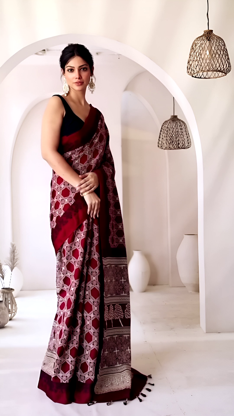 Pure Modal Silk Ajrakh Hand Block Printed Saree with Tassels โ Crimson Maroon