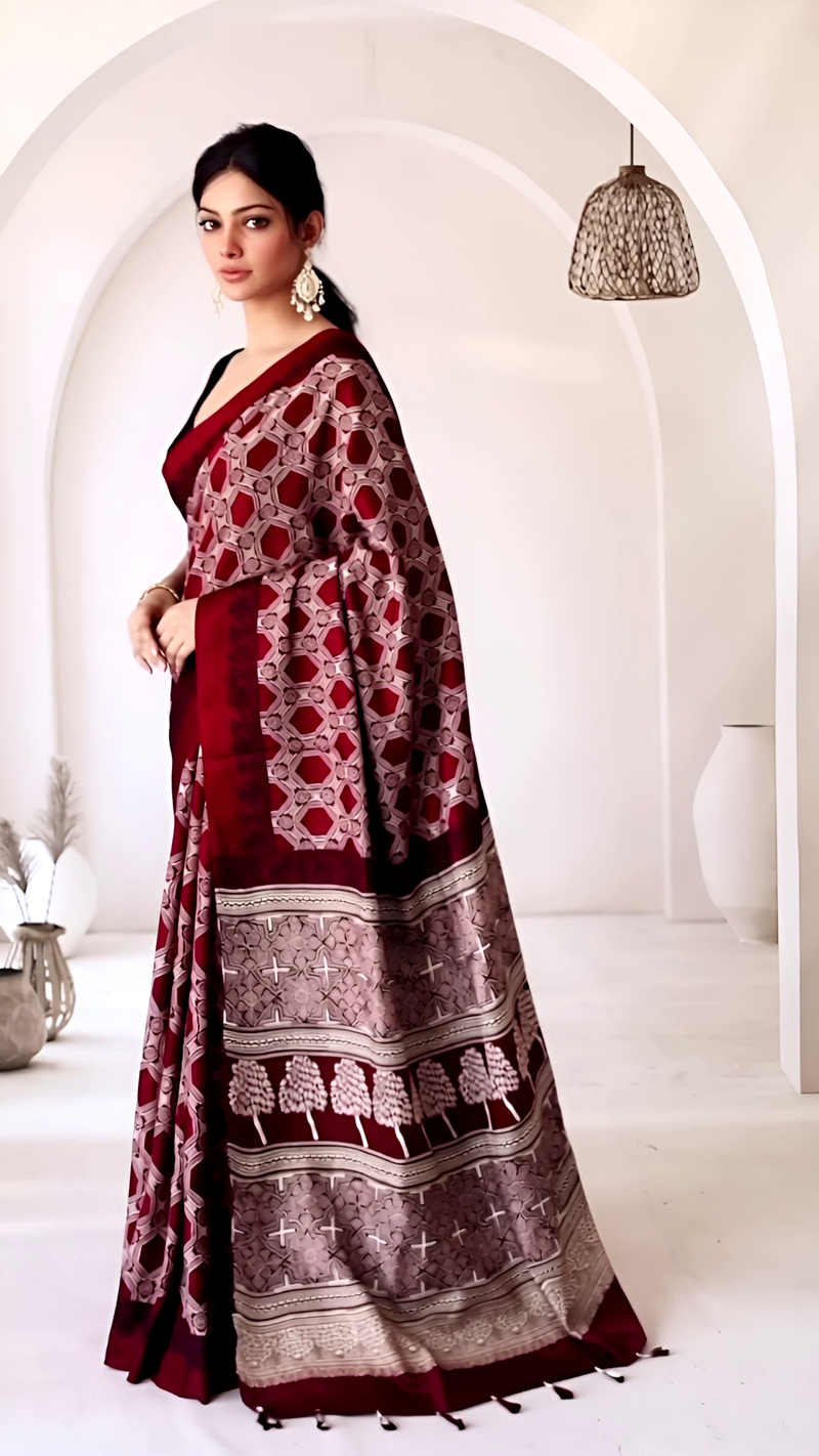 Pure Modal Silk Ajrakh Hand Block Printed Saree with Tassels โ Crimson Maroon