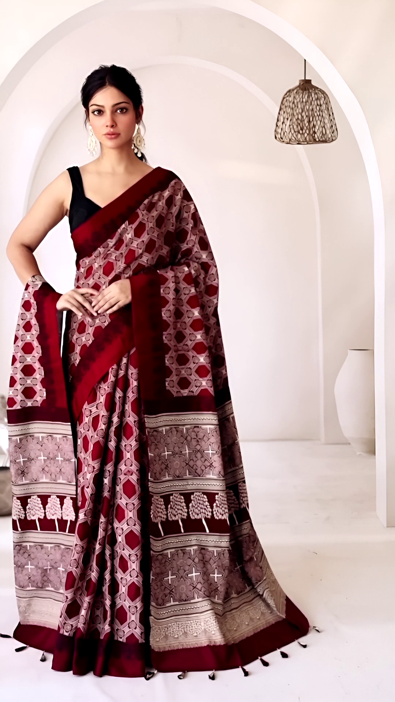 Pure Modal Silk Ajrakh Hand Block Printed Saree with Tassels โ Crimson Maroon