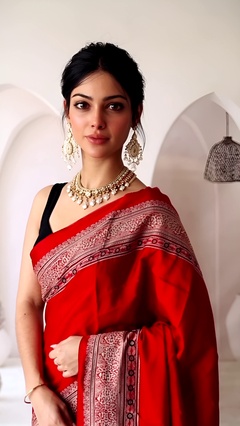 Pure Modal Silk Ajrakh Hand Block Printed Saree with Tassels โ Scarlet Red