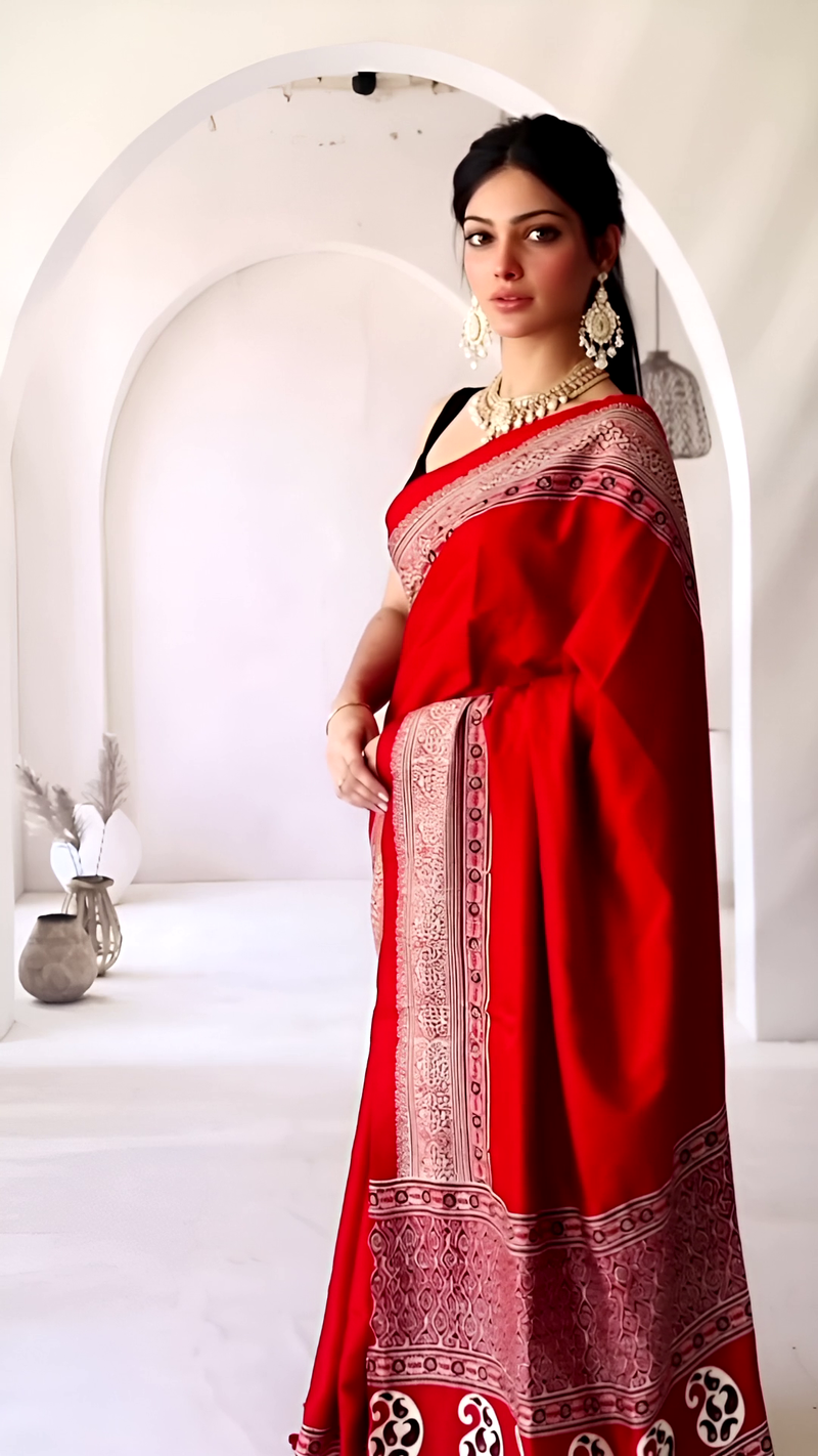Pure Modal Silk Ajrakh Hand Block Printed Saree with Tassels โ Scarlet Red