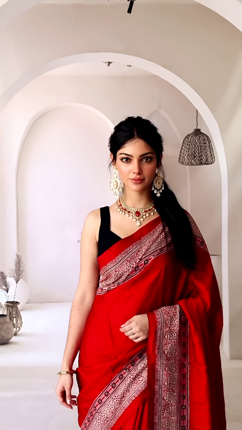 Pure Modal Silk Ajrakh Hand Block Printed Saree with Tassels โ Scarlet Red