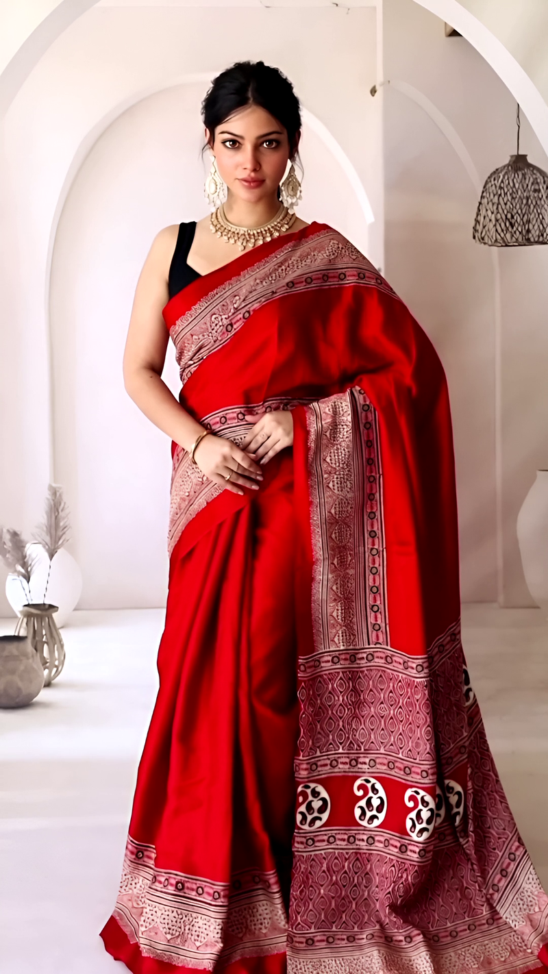 Pure Modal Silk Ajrakh Hand Block Printed Saree with Tassels โ Scarlet Red