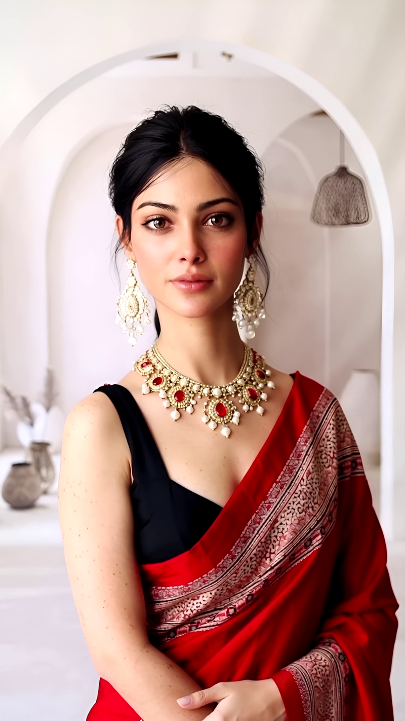 Pure Modal Silk Ajrakh Hand Block Printed Saree with Tassels โ Scarlet Red