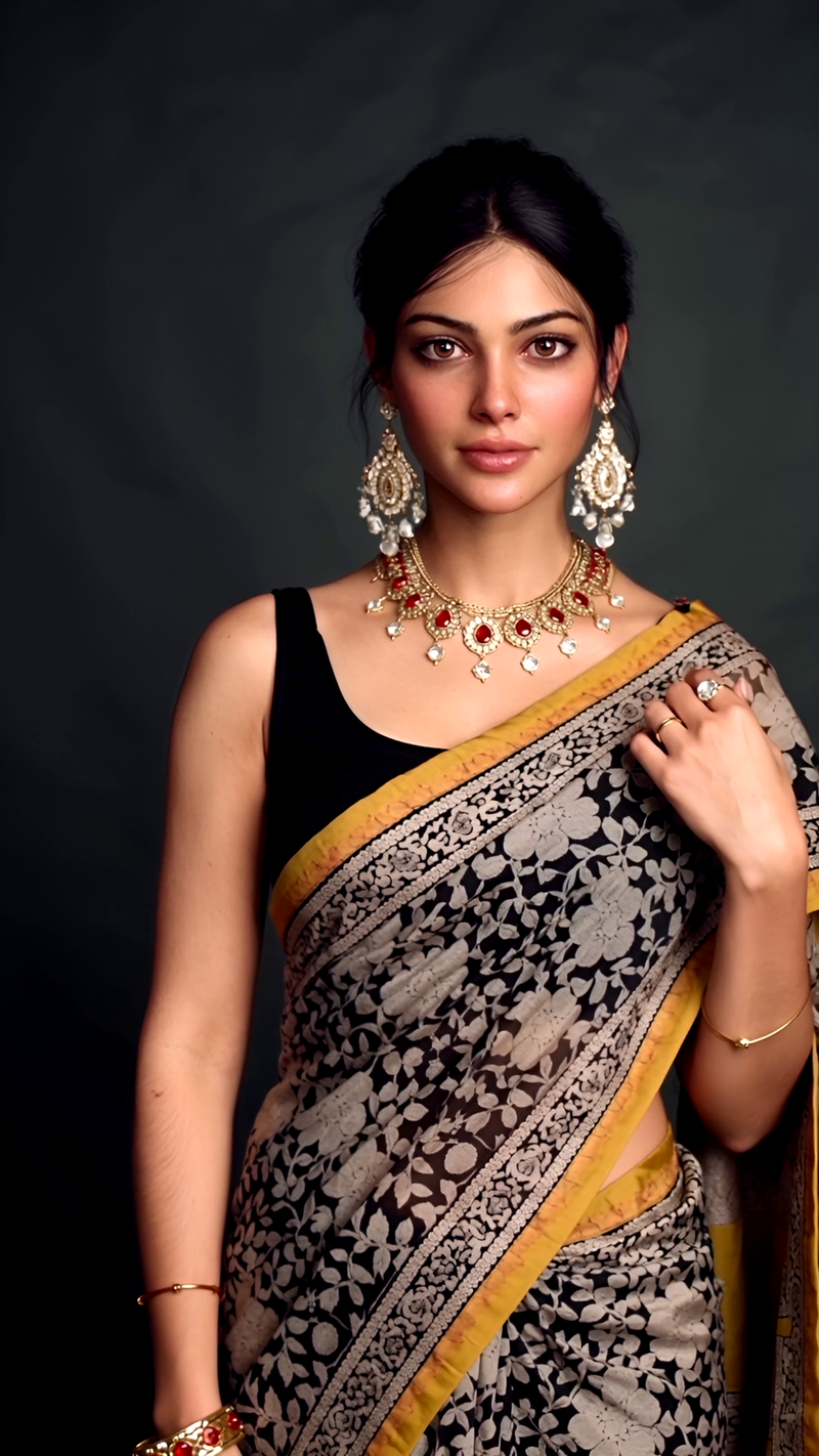 Black & Mustard Cotton Saree with Multicolor Block Print Pallu