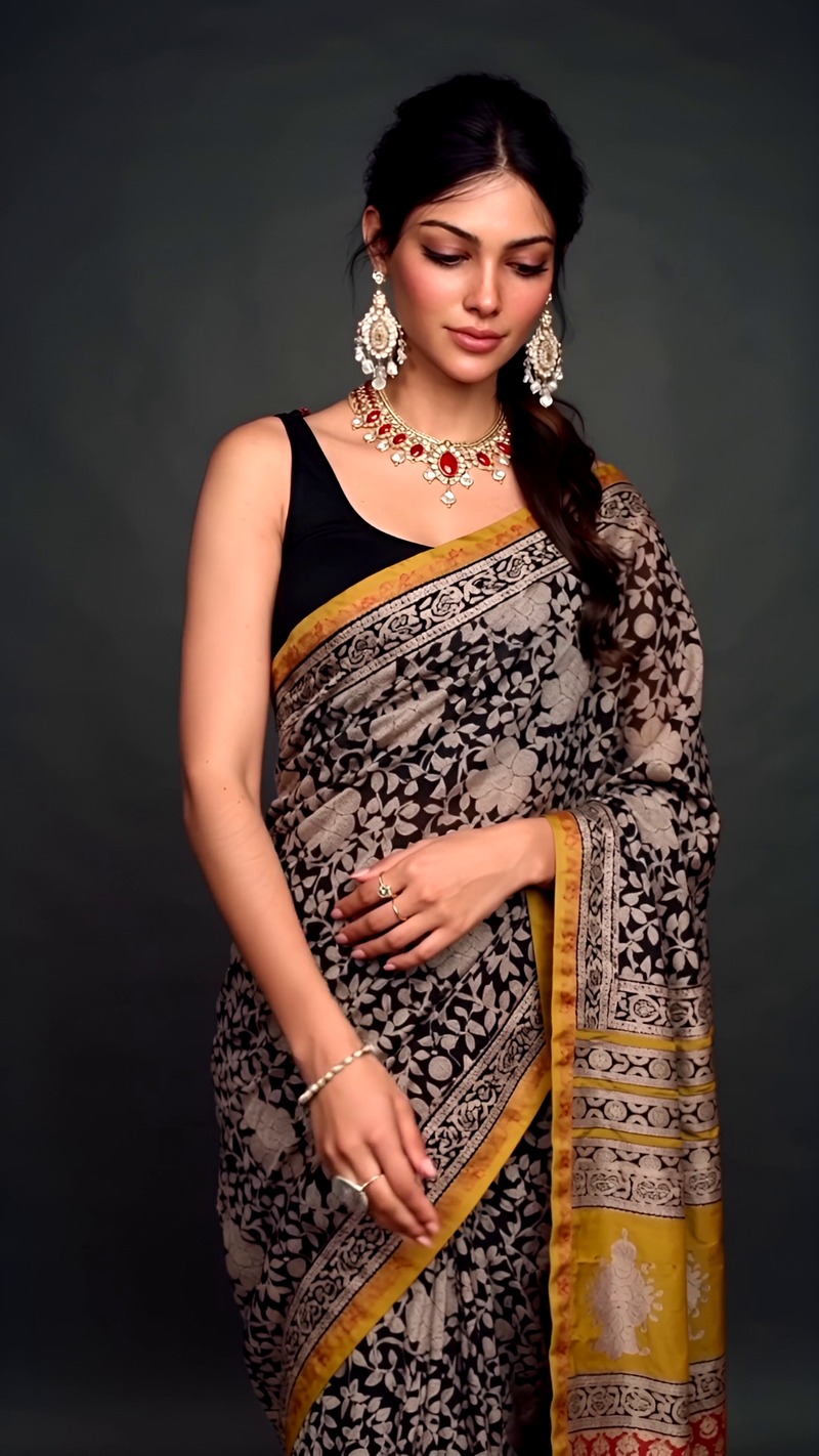 Black & Mustard Cotton Saree with Multicolor Block Print Pallu
