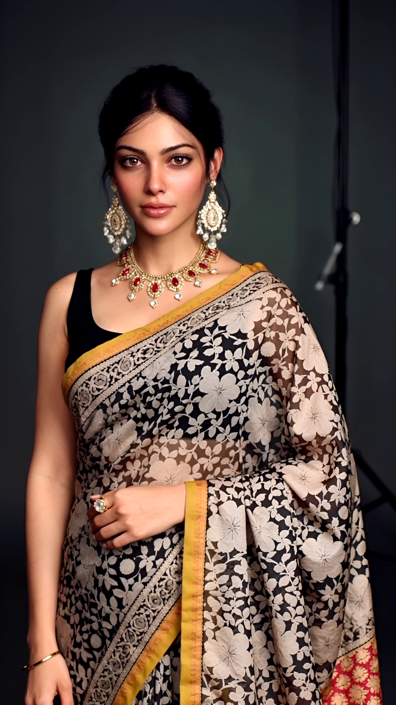 Black & Mustard Cotton Saree with Multicolor Block Print Pallu