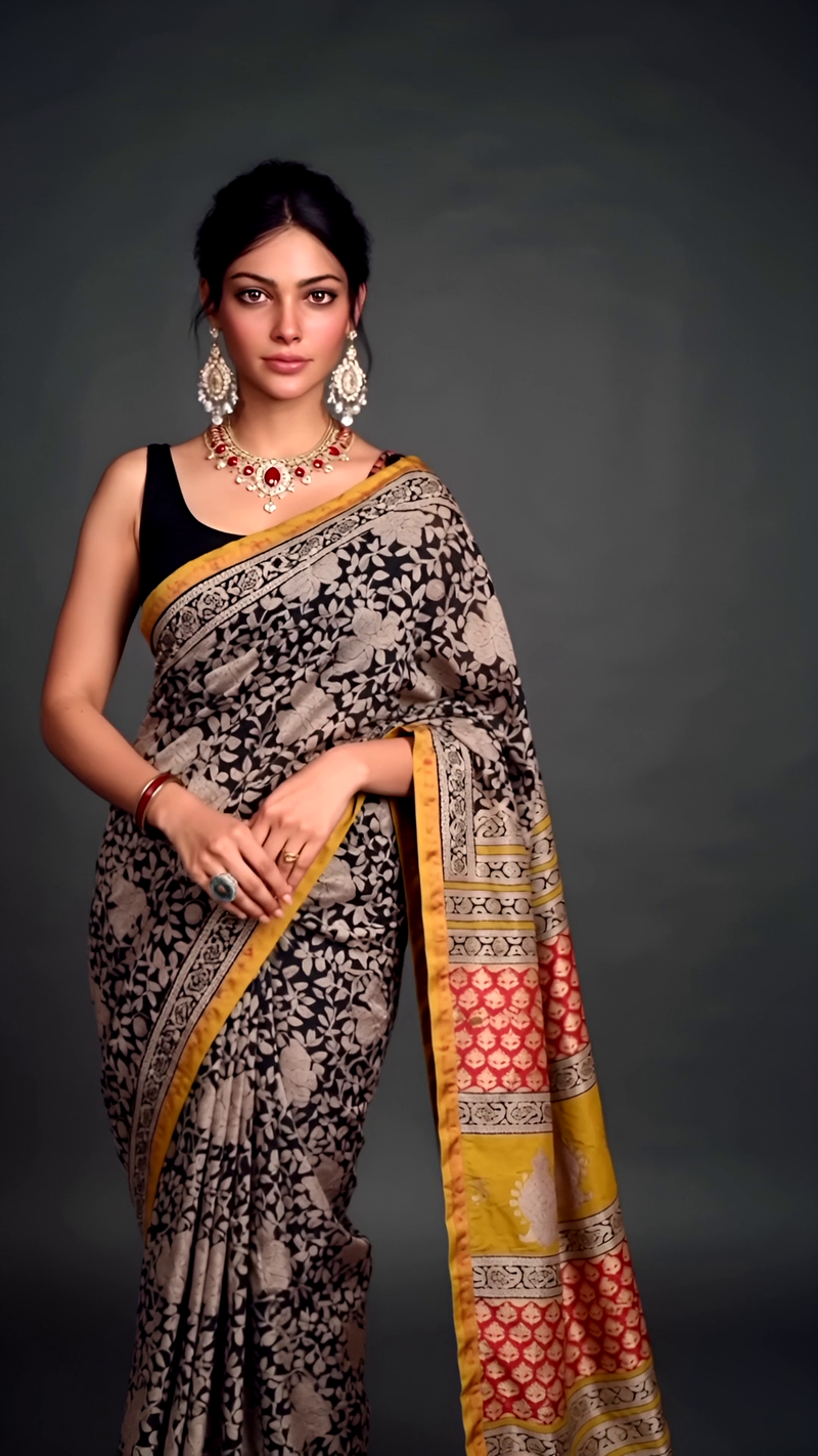Black & Mustard Cotton Saree with Multicolor Block Print Pallu