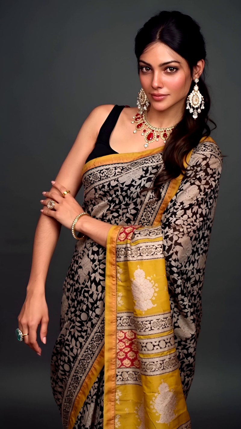 Black & Mustard Cotton Saree with Multicolor Block Print Pallu