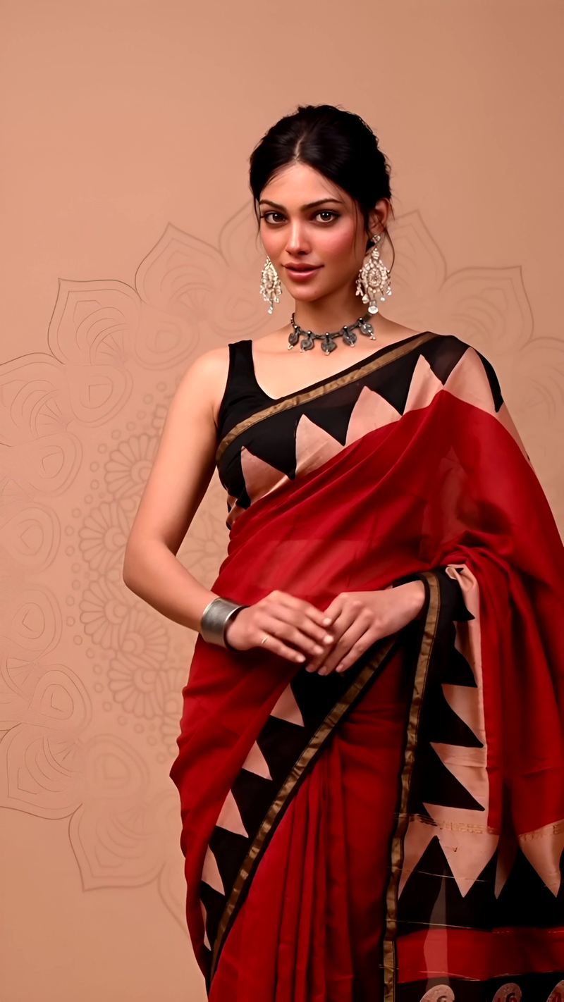 Red & Black Cotton Saree with Geometric & Paisley Prints