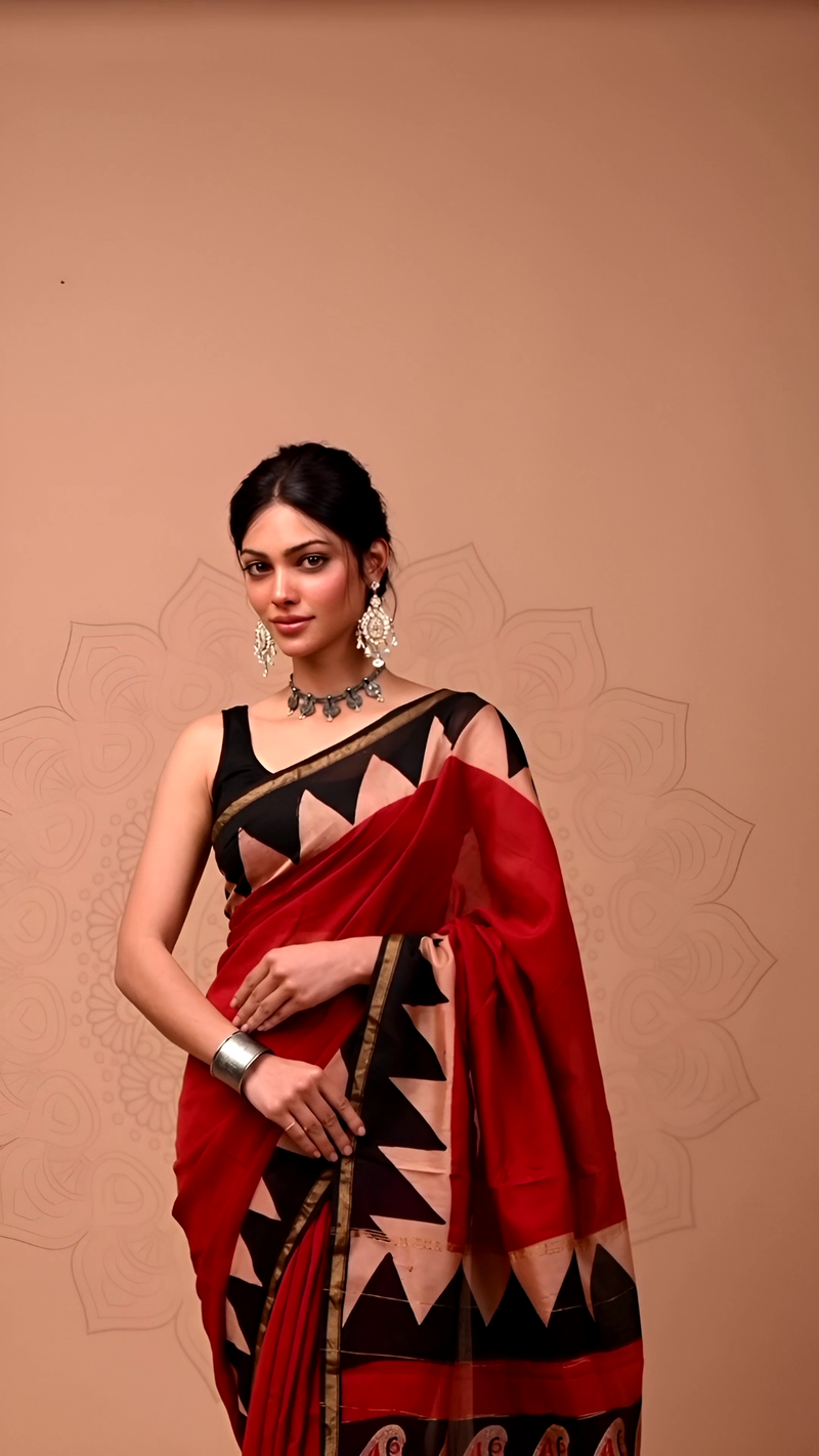 Red & Black Cotton Saree with Geometric & Paisley Prints