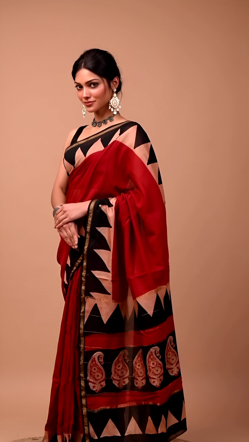 Red & Black Cotton Saree with Geometric & Paisley Prints