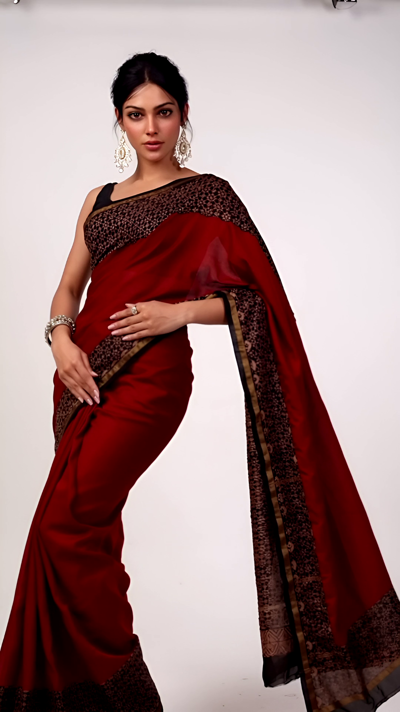 Maroon & Black Cotton Saree with Floral Block Print Pallu