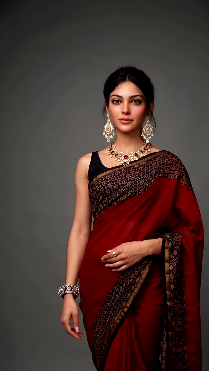 Maroon & Black Cotton Saree with Floral Block Print Pallu